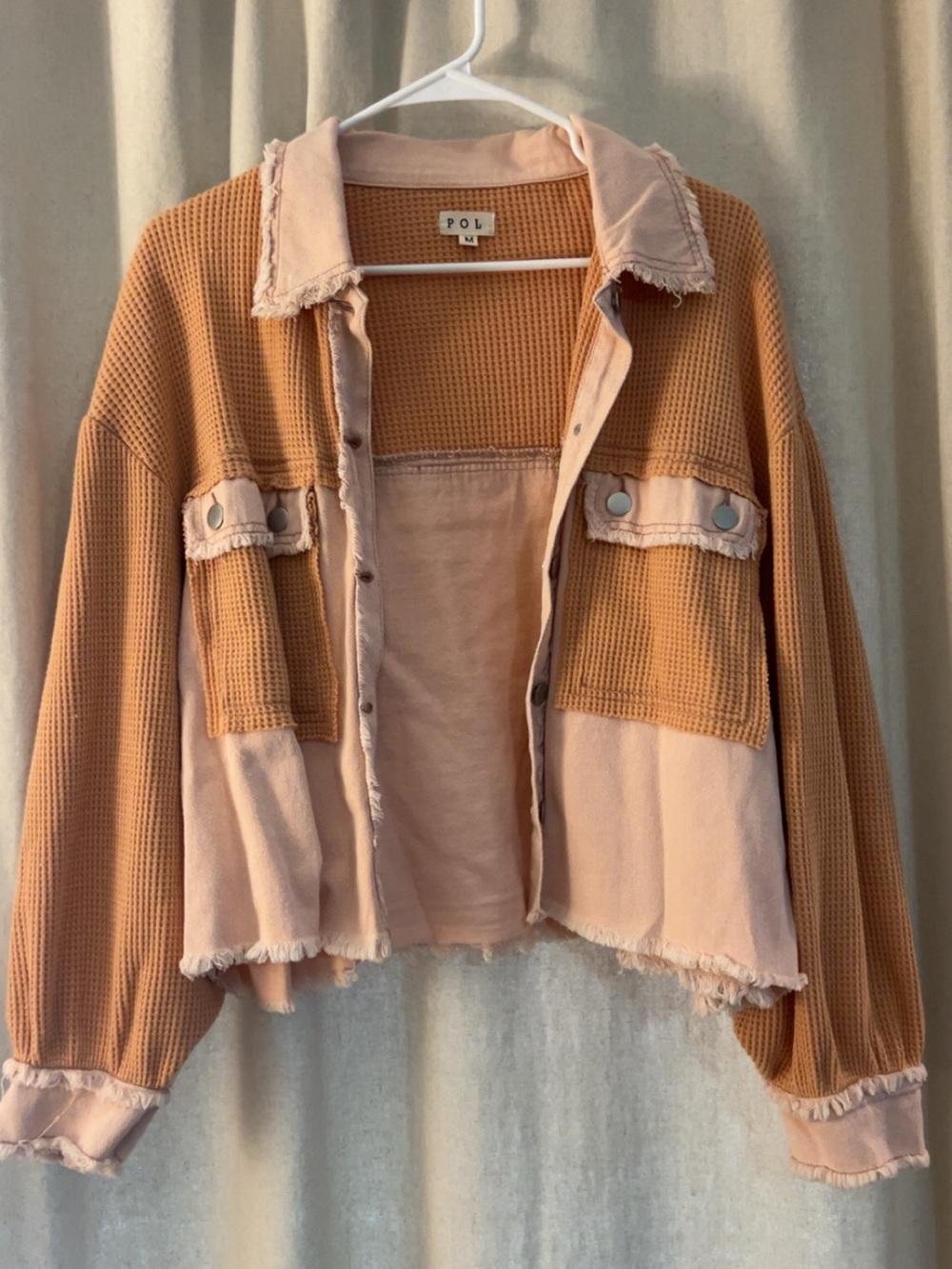 POL Two-Tone Peach Mustard Utility Cropped Jacket
